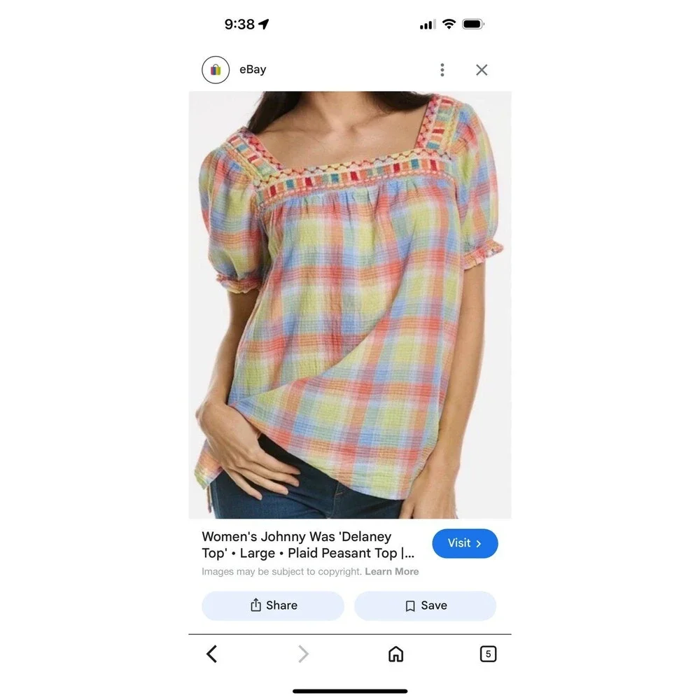Johnny Was size Large L Delacey plaid pastel puff sleeve peasant top shirt